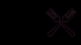 Glowing neon line Crossed fork icon isolated on black background. Cutlery symbol. 4K Video motion graphic animation.