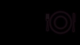 Glowing neon line Plate, fork and knife icon isolated on black background. Cutlery symbol. Restaurant sign. 4K Video motion graphic animation.