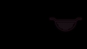 Glowing neon line Kitchen colander icon isolated on black background. Cooking utensil. Cutlery sign. 4K Video motion graphic animation.
