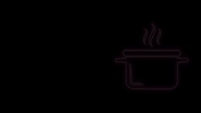 Glowing neon line Cooking pot icon isolated on black background. Boil or stew food symbol. 4K Video motion graphic animation.