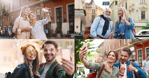 Collage view of the happy couple of friends or loving people making selfie at the street. Different ages people shooting himself at the smartphone camera. Stock video