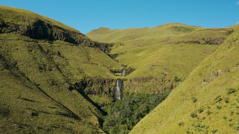 Aerial zoom in view of a waterfall in the spectacular Drakensberg, KwaZulu-Natal,South Africa. Fresh pure Water 