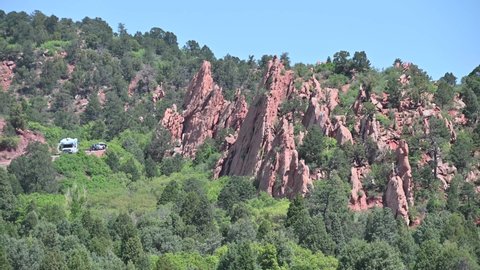 Colorado Springs, CO USA: Circa June 2021  
Visitors to Garden of the gods park in Colorado Springs, Colorado enjoying the magnificent views of the mountain park with its beautiful sandstone rocks.