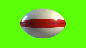 Side on view of a 3D ruby ball with red lines flying from left to right. Standard rugby ball in a continuous spin perfect for sports advertising. 4K clip at 30fps with a green screen.