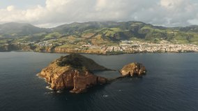 Islet of Vila Franca do Campo uninhabited islet of Sao Miguel Island in Portuguese archipelago of Azores, Europe. Panoramic view of town located on rocks of island in atlantic ocean, 4k footage