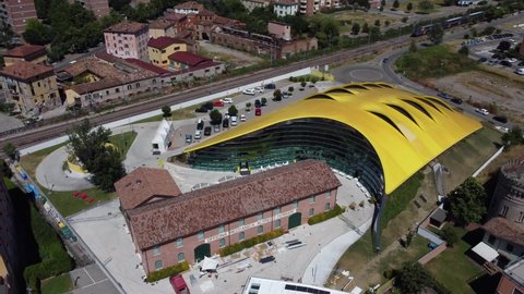 Modena, Italy - 06.20.2018: Aerial view of the Enzo Ferrari House Museum in Modena city