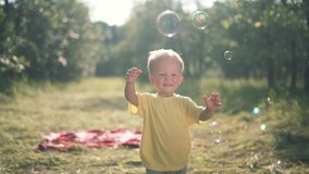 Happy kid is play in park. Baby play with soap bubbles. Kid smile and run through forest park.Smile of happy child. Baby smile and bursts soap bubbles. Child play.Baby run forest park for soap bubbles - Powered by Shutterstock - Get 15% off with code: PIKWIZARD15