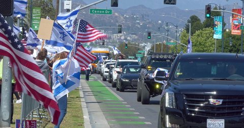 LOS ANGELES, CALIFORNIA, USA - MAY 23, 2021: Israel supporters protest against Palestinian Hamas, a militant terrorist group governing Gaza, Beverly Hills, Los Angeles, California, 4K