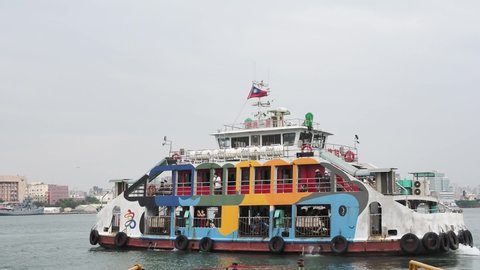 Kaohsiung,Taiwan -October 22 : The ferry pier facade on October 22,2020 in Cijin district,Kaohsiung, Taiwan. The ferry is facilitated to accommodate motorcycle , bicycle boarding and people.