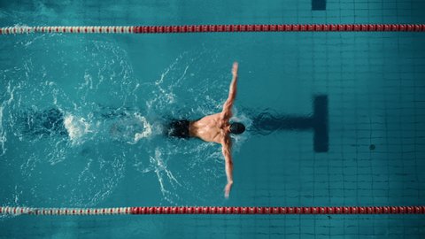 Aerial Top View Male Swimmer Swimming in Swimming Pool. Professional Determined Athlete Training for the Championship, using Butterfly Technique. Cinematic Wide Slow Motion Tracking Shot