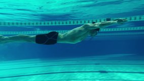 Underwater Shot: Fit Muscular Swimmer Jumps, Dives into Swimming Pool. handsome Professional Athlete swims at Great Speed- Ready To Set World Championship Record. Stylish Medium Shot - Powered by Shutterstock - Get 15% off with code: PIKWIZARD15