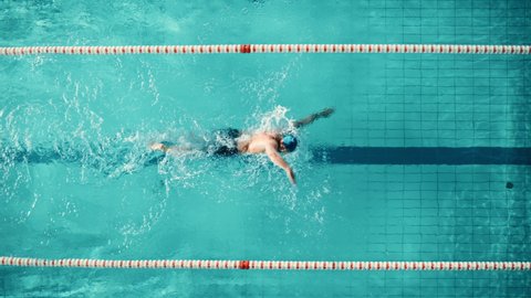 Aerial Top View: Muscular Male Swimmer Diving in Swimming Pool. Professional Athlete Gracefully Jumps, Swims Freestyle, Training Determined to Win Championship. Cinematic Slow Motion, Tracking Shot