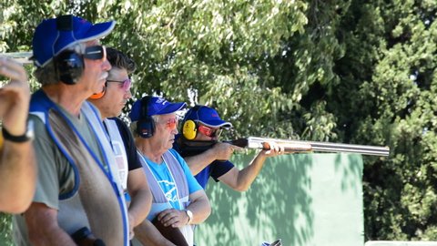 Alhaurin de la Torre, Malaga Spain - 08 08 2016: Shooters shooting in skeet championship