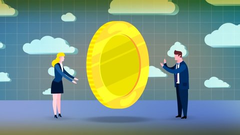 Empty coin and business couple turning it. Cartoon animation businessman and businesswoman turning empty coin big symbol and clock at the back. Business animations series. Business flat style.