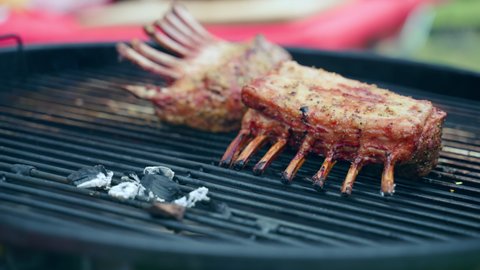 Hot rack of crispy crust lamb ribs grilling on bbq grid on charcoal flames, juicy smoking seasoned lamb meat shot in close-up. Prime lamb ribs roasted on barbecue grill grid on barbecue party outdoors