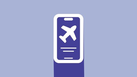 White Smartphone with electronic boarding pass airline ticket icon isolated on purple background. Passenger plane mobile ticket for web and app. 4K Video motion graphic animation.