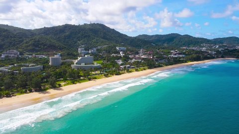 PHUKET THAILAND SEA BEACH. On 29 June, 2021. High Quality Nature Video Landscape Aerial View Beach Sea Coast and city. On Good Weather Day In Summer Travel. Phuket travel trip Andaman sea June 2021.