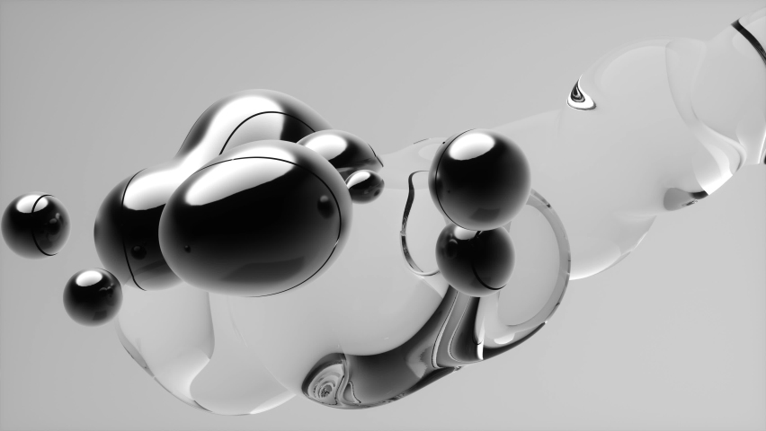 3d render of monochrome black and white abstract art surreal object based on meta balls spheres in glass water liquid and silver metal material in transition deformation process on grey background | Shutterstock HD Video #1075384553