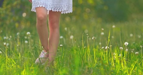 Close-up, feet in sneakers are walking in the meadow, green tall grass. Women's legs walk on the grass, a girl in a white dress walks on a meadow. 4k, ProRes