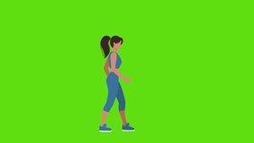 A woman in a sports uniform is walking on a green background . Looped gait animation.