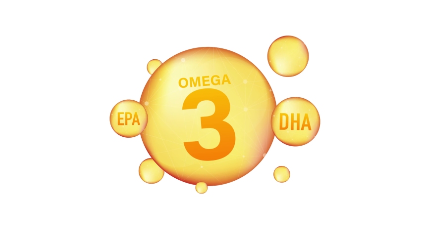 Omega 3 gold icon. Vitamin drop pill capsule. Shining golden essence droplet. Motion graphics.