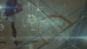 Animation of dna strand and networks of connections over basketball court. global science, sports, connections, digital interface, technology and networking concept digitally generated video.