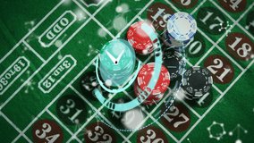 Animation of clock with turning hands, over white networks and poker chips stacked on gambling table. gambling, finance and communication concept, digitally generated video. - Powered by Shutterstock - Get 15% off with code: PIKWIZARD15
