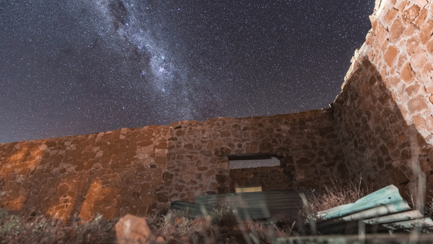 Beautiful Timelapse of Night Sky Above Abandoned House Simpson Desert Starry Milkyway Movement Brick House in Foreground