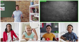 Animation of video call screens of chalkboard and diverse teacher and children having online lesson. global communication technology and online education concept, digitally generated video.