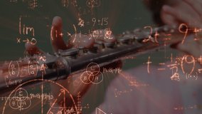 Animation of mathematical formulas over girl play the flute. global online education, digital interface, technology and connections concept digitally generated video.