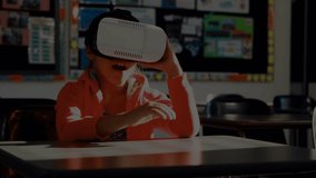 Animation of mathematical formulas over schoolgirl using vr headset. global online education, digital interface, technology and connections concept digitally generated video.