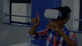Animation of mathematical formulas over schoolboy using vr headset. global online education, digital interface, technology and connections concept digitally generated video.
