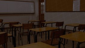 Animation of mathematical formulas over classroom. global online education, digital interface, technology and connections concept digitally generated video.