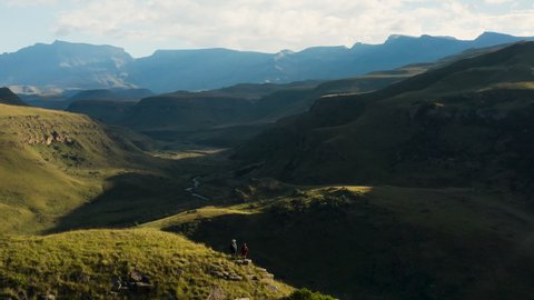 Aerial circular view of tourists standing and admiring the Bushman's River at Giant's Castle, Drakensberg, KwaZulu-Natal,South Africa