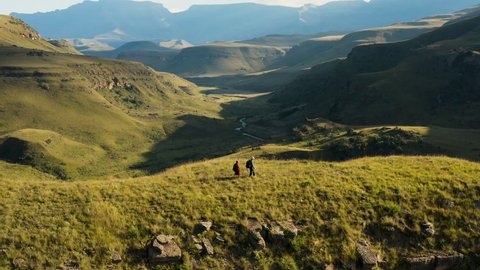 Aerial view tourists hiking near the Bushman's River at Giant's Castle, Drakensberg, KwaZulu-Natal,South Africa