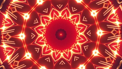4K Beautiful Abstract Red and Gold Flickering Light Kaleidoscope Shapes Seamless Loop Background. Technology futuristic light glowing line. Digital art animation motion design for fashion, VJ loop.