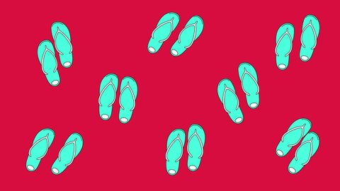 Colourful summer background. Flip flops animation. Seamless loop. Red and blue cyan.