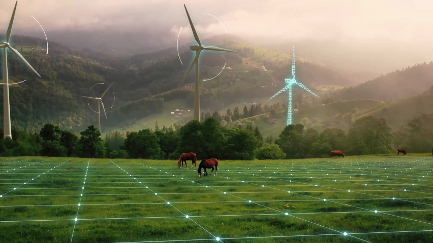 Futuristic Technology Concept. Aerial View of Wind Turbines Energy Production. Digital Network Over Ecology Safe Alternative Energy Source. Renewable energy production for green ecological world