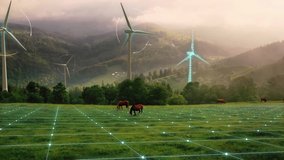 Futuristic Technology Concept. Aerial View of Wind Turbines Energy Production. Digital Network Over Ecology Safe Alternative Energy Source. Renewable energy production for green ecological world - Powered by Shutterstock - Get 15% off with code: PIKWIZARD15