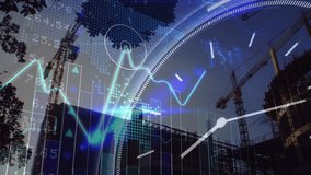 Animation of clock and financial data processing over construction site. global development, business, digital interface, technology and networking concept digitally generated video. - Powered by Shutterstock - Get 15% off with code: PIKWIZARD15
