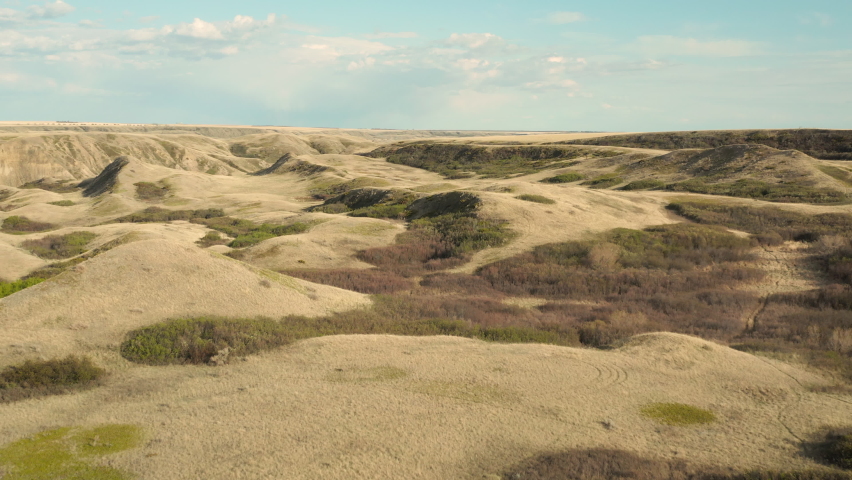 River Breaks And Nature Landscape Scenery With Autumn Colors At Saskatchewan Landing Provincial Park In Canada. aerial
