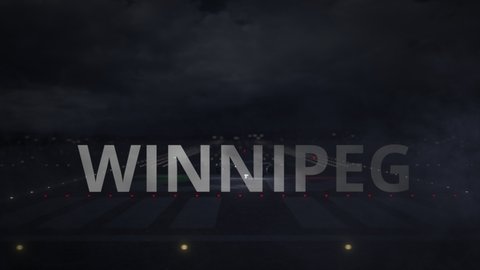 WINNIPEG text and commercial plane taking off from the airport runway at night, 3d animation