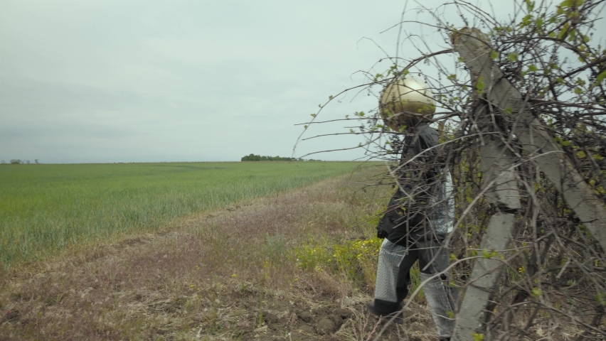 fictional character emerges from the thicket of a vineyard. a man in a black suit with a golden ball on his head walks out onto a green field and looks in front of him