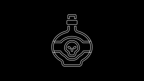 White line Poison in bottle icon isolated on black background. Bottle of poison or poisonous chemical toxin. 4K Video motion graphic animation .