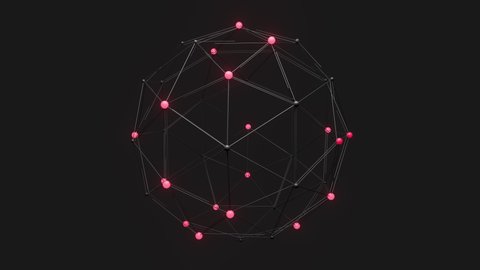 Low poly sphere structure with glowing vertices and bokeh effect. Technology concept 3d render. Loopable animation rotation.