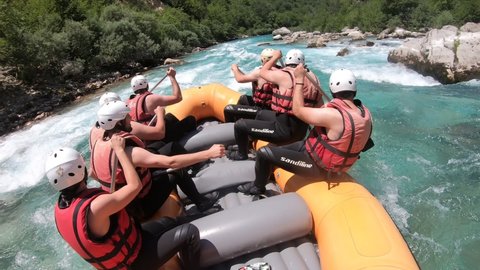 Tara, Montenegro - 17 June 2021 -Group of people on a rafting boat