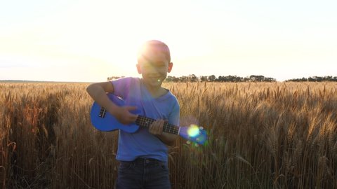 A happy child plays a small ukulele guitar. A boy plays the guitar against the background of golden wheat. kids playing. happy family