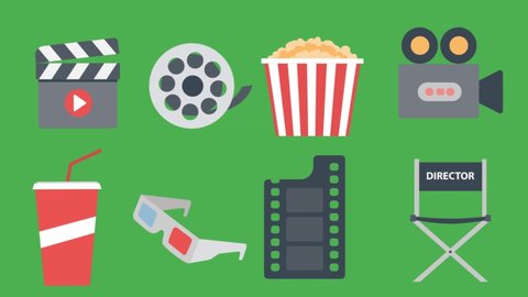 filming media production 2d flat animation  icons , cinematic , reel film , director chair , popcorn watch movie cinema theater chroma green screen 4k 
