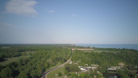 A 4K aerial shot of a Port Bruce Provincial Park in Aylmer, Ontario, Canada on a sunny day