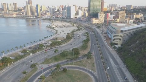 LUANDA, ANGOLA - View over the skyline of Luanda with constructions cranes, highway and the Luandan bay (aerial photography)